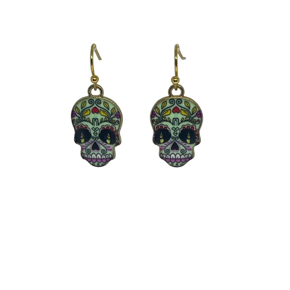 Sugar Skull Earrings Candle Eyes - Gold Plated Enamel - Hypoallergenic